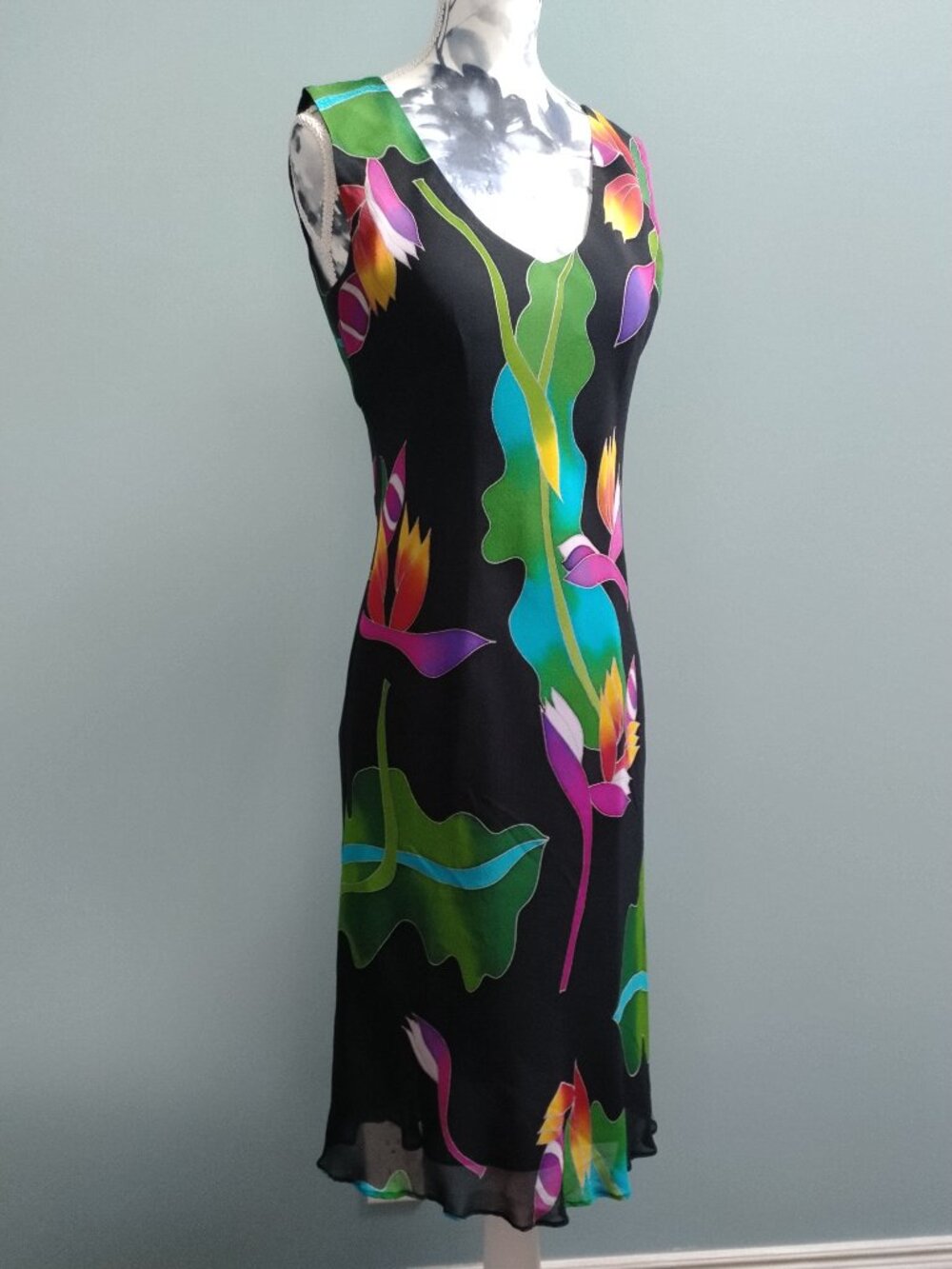 Silk Bias-Cut Black Dress with Colourful Tropical Floral Design, size S - Picture 2 of 5
